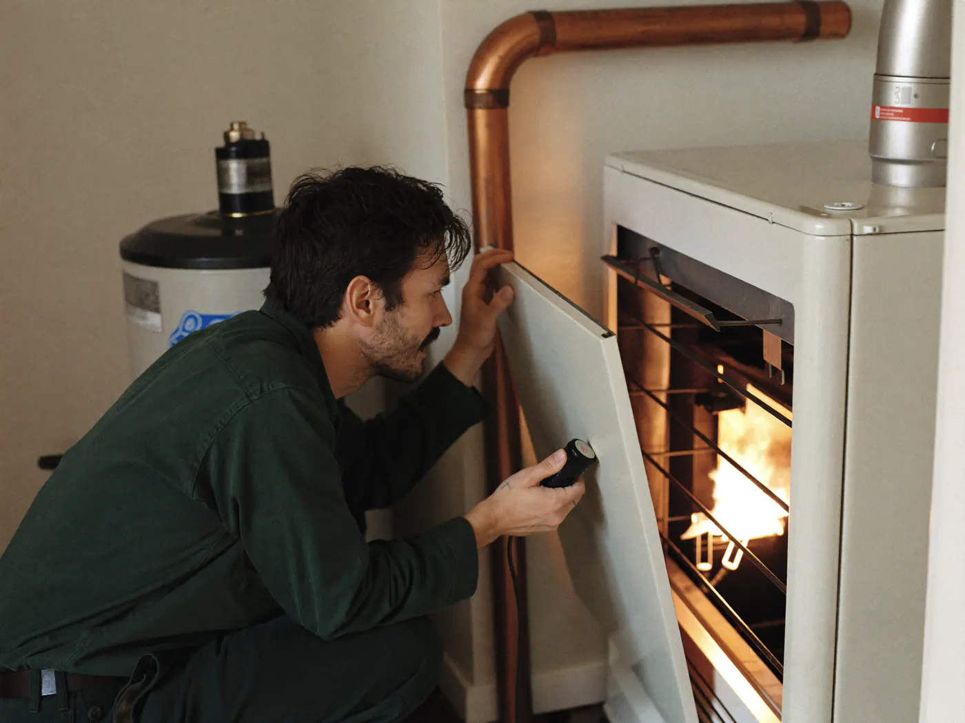 A technician inspects an open gas furnace with a flashlight in a basement utility room.